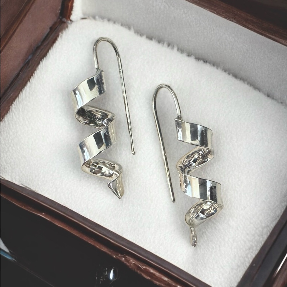 Signed Sterling Silver Spiral Ribbon Earrings